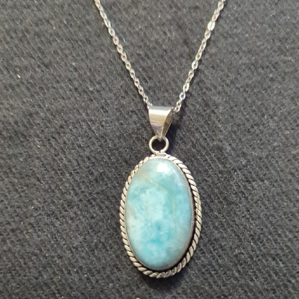 Silver Plated Pastel Blue Larimar Gemstone Oval Pendant Statement Necklace